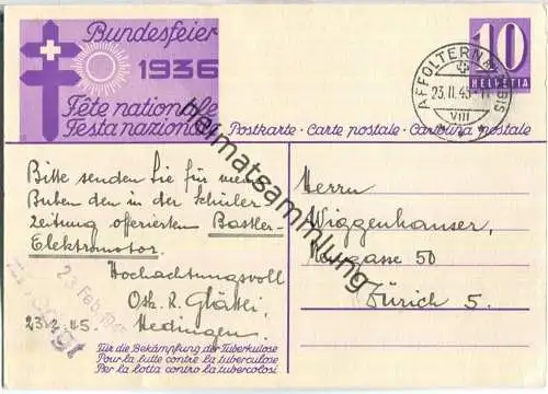 Bundesfeier-Postkarte 1936 - 10 Cts - Für die Bekämpfung der Tuberkulose - Schwörender Senn - gelaufen 1945
