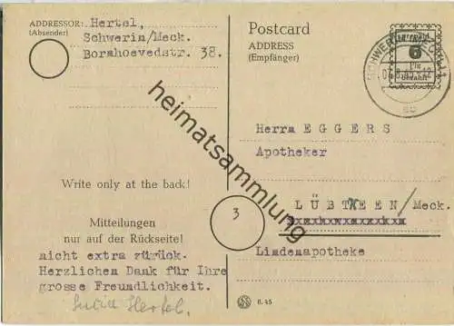 Bedarfskarte mit Abgangsstempel Schwerin - gebraucht am 07.08.1945 aus Schwerin nach Lübtheen