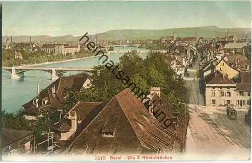 Basel - die drei Rheinbrücken - Strassenbahn - Edition Photoglob Co. Zürich ca. 1905