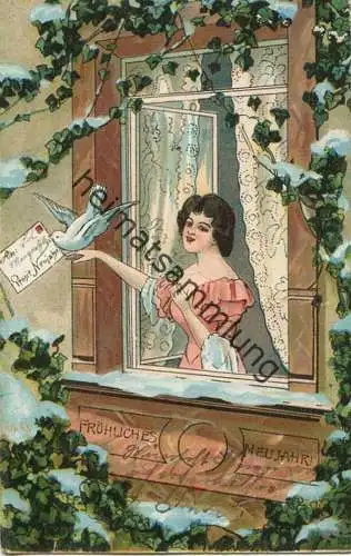 Fröhliches Neujahr - Frau - Taube - Brief - gel. 1905
