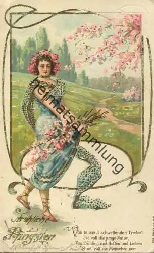Fröhliche Pfingsten - Frau mit Blumenstrauss -  gel. 1904