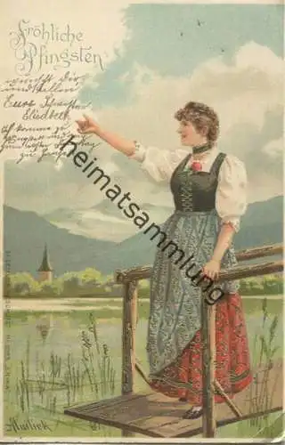 Fröhliche Pfingsten - Frau in Tracht am See - Künstlerkarte A. Mailick gel. 1902
