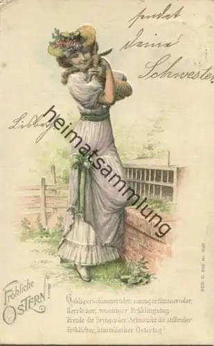 Fröhliche Ostern - Frau mit Hase - Prägedruck - gel. 1904