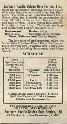 USA - Southern Pacific Golden Gate Ferries Ltd. - automobile traveling - Fahrplan für den Autotransport vom 7. Juni bis