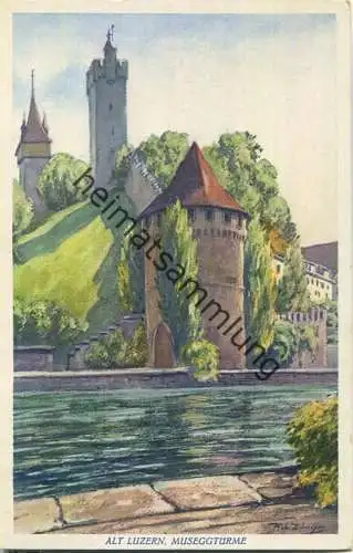 Alt Luzern - Museggtürme - Künstlerkarte signiert Elmiger - Verlag E. Goetz Luzern