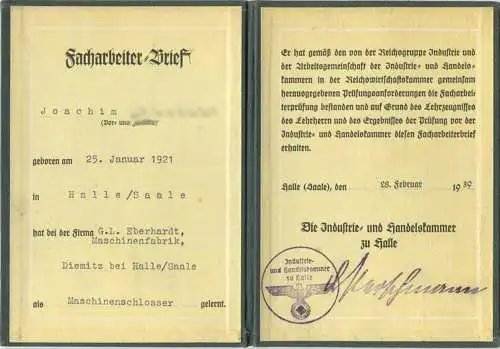 Industrie- und Handelskammer zu Halle - Facharbeiter-Brief 1939 Maschinenschlosser bei der Firma G.L. Eberhardt Diemitz