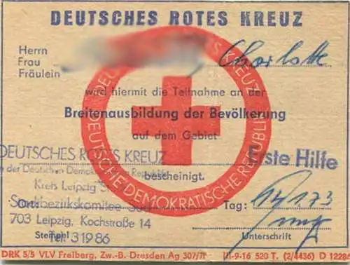 DDR - Deutsches Rotes Kreuz - Breitenausbildung der Bevölkerung - Erste Hilfe Schein 1973