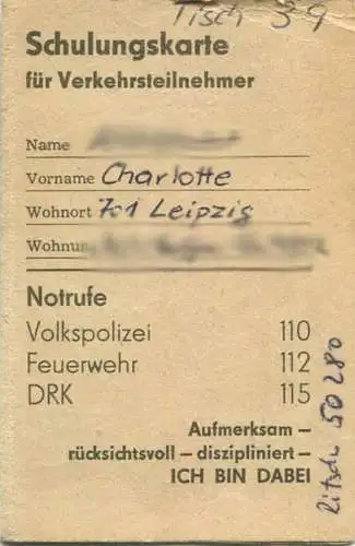 DDR - Schulungskarte für Verkehrsteilnehmer