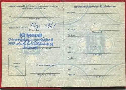 DDR - FDGB Mitgliedsbuch - Freier Deutscher Gewerkschaftsbund - IG Metall Leipzig - Beiträge von 1986 bis 1989