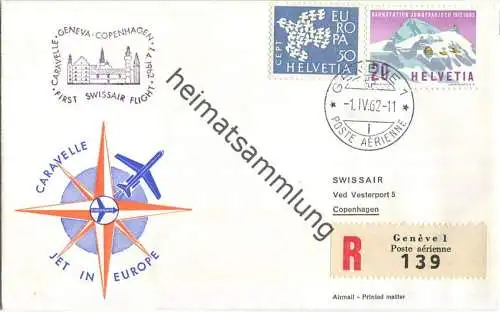 Swissair - First Jet Flight - Caravelle - Genf-Copenhagen 1962 - Prägedruck
