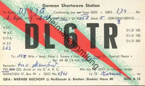 QSL - Funkkarte - DL6TR - Nussbaum bei Bretten - 1959