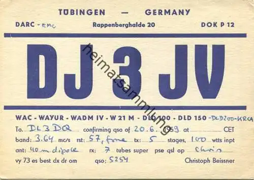QSL - Funkkarte - DJ3JV - Tübingen - 1959