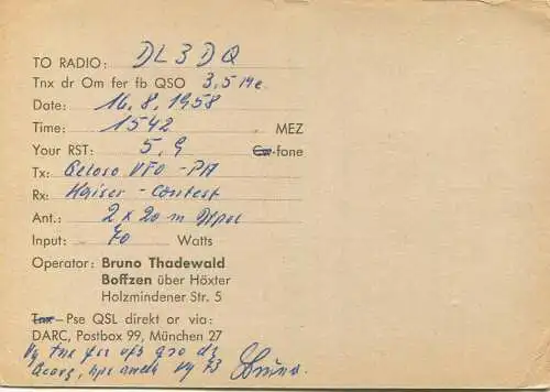 QSL - Funkkarte - DL1ZD - Boffzen - 1958