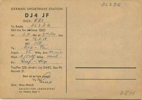 QSL - Funkkarte - DJ4JF - Salzgitter - 1958