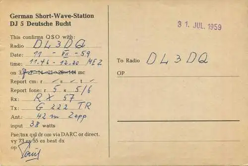 QSL - Funkkarte - DJ5DB - Cuxhaven-Sahlenburg - 1959