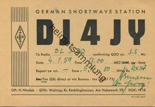 QSL - Funkkarte - DJ4JY - Waltrop - 1959