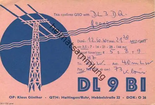 QSL - Funkkarte - DL9BI - Hattingen - 1960