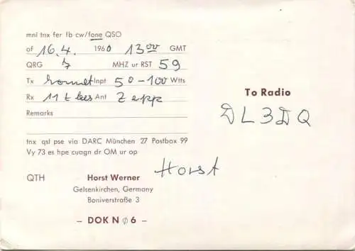 QSL - Funkkarte - DJ4KQ - Gelsenkirchen - 1960