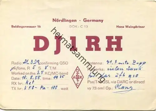 QSL - Funkkarte - DJ1RH -  Nördlingen - 1958