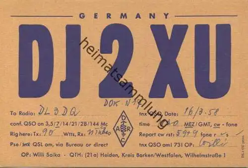 QSL - Funkkarte - DJ2XU - Heiden - 1958