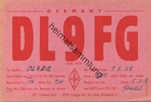 QSL - Funkkarte - DL9FG - Bielefeld - 1958