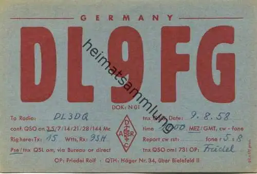 QSL - Funkkarte - DL9FG - Bielefeld - 1958