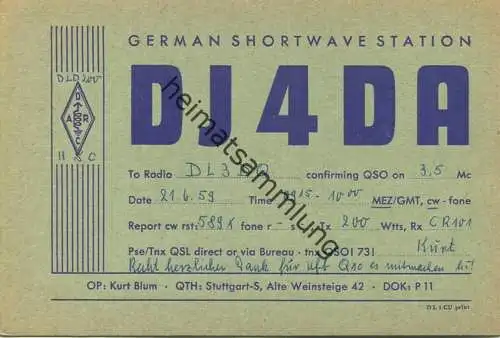 QSL - Funkkarte - DJ4DA - Stuttgart - 1959