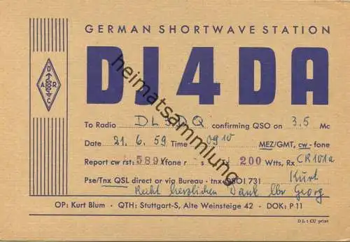 QSL - Funkkarte - DJ4DA - Stuttgart - 1959