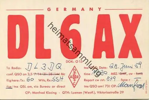 QSL - Funkkarte - DL6AX - Lünen - 1959