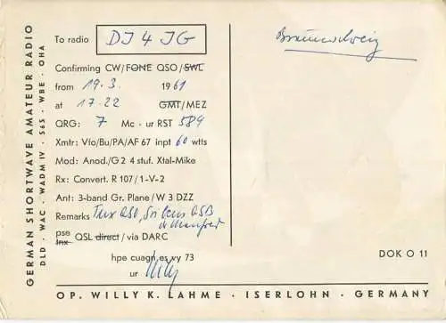 QSL - Funkkarte DL1JS - Iserlohn - 1961