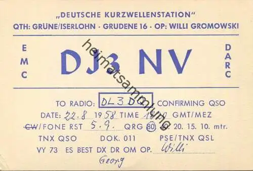 QSL - Funkkarte DJ3NV - Iserlohn - 1958