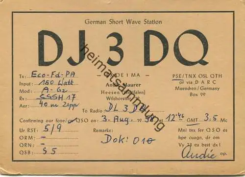 QSL - Funkkarte - DJ3DQ - Hamm-Heesen - 1958