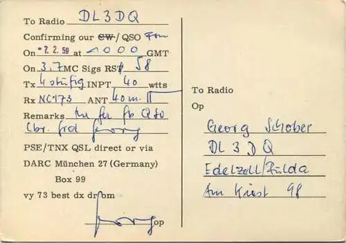 QSL - Funkkarte - DJ4AR - Darmstadt - 1959