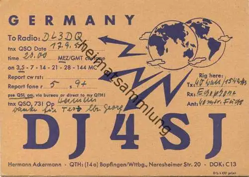 QSL - Funkkarte - DJ4SJ - Bopfingen - 1958