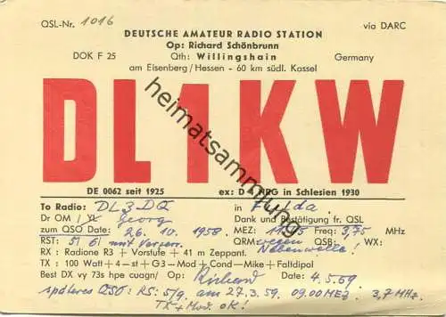 QSL - Funkkarte - DL1KW - Willingshain - 1958