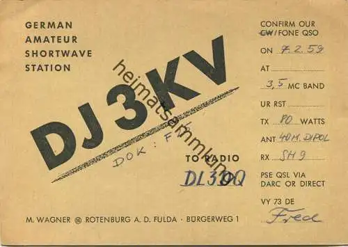 QSL - Funkkarte - DJ3KV - Rotenburg a. d. Fulda - 1959