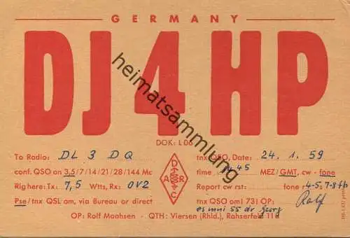 QSL - Funkkarte - DJ4HP - Viersen - 1959