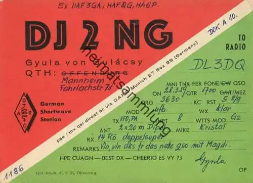 QSL - Funkkarte - DJ2NG - Mannheim - 1959