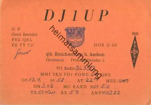 QSL - Funkkarte - DJ1UP - Würselen-Broichweiden - 1958