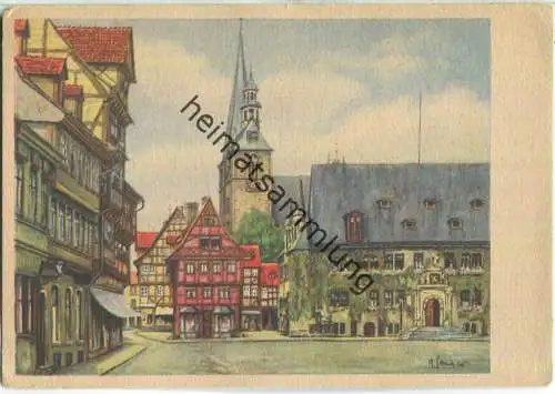 Quedlinburg - Marktplatz - Tempera von M. Schowe - Verlag H. F. Jütte Leipzig