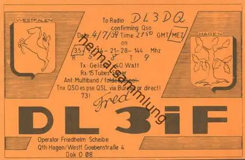 QSL - Funkkarte DL3IF - Hagen - 1959