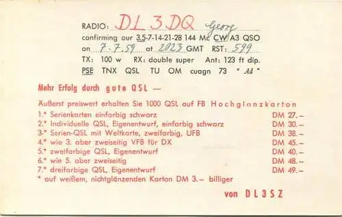 QSL - Funkkarte - DL3SZ - Werbung - 91522 Ansbach-Eyb - 1959