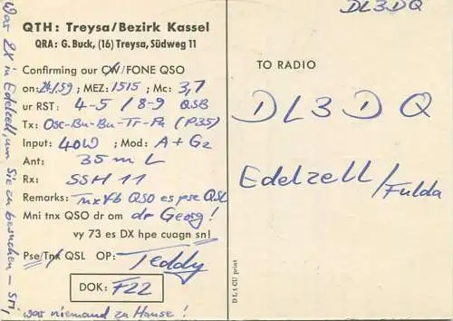 QSL - Funkkarte - DJ3YR - 34613 Treysa - 1959