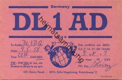 QSL - Funkkarte - DL1AD - 50829 Köln-Vogelsang - 1958