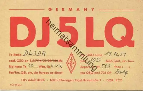 QSL - Funkkarte - DJ5LQ - 73479 Ellwangen / Jagst - 1959