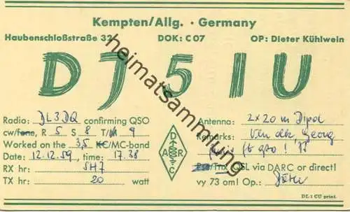 QSL - Funkkarte - DJ5IU - 87600 Kaufbeuren - 1959