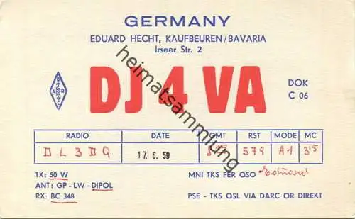 QSL - Funkkarte - DJ4VA - 87600 Kaufbeuren - 1959