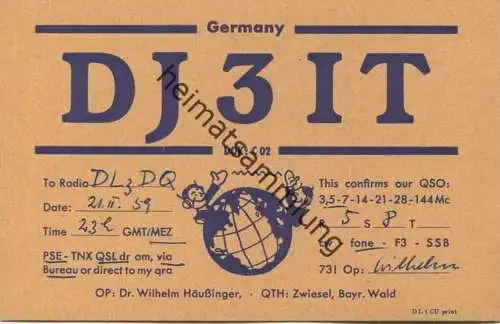 QSL - Funkkarte - DJ3IT - 94227 Zwiesel - 1959