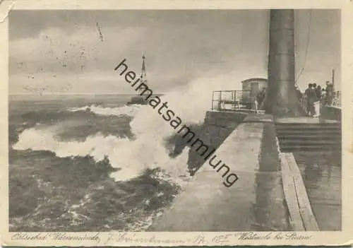 Warnemünde - Westmole bei Sturm - AK Grossformat - Verlag Heinedruck Rostock gel. 1931