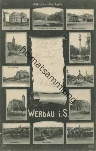 Werdau - Mikroskop-Postkarte - Höhere Webschule - Bahnhof - Post - Verlag Carl Zierden Chemnitz gel. 1907